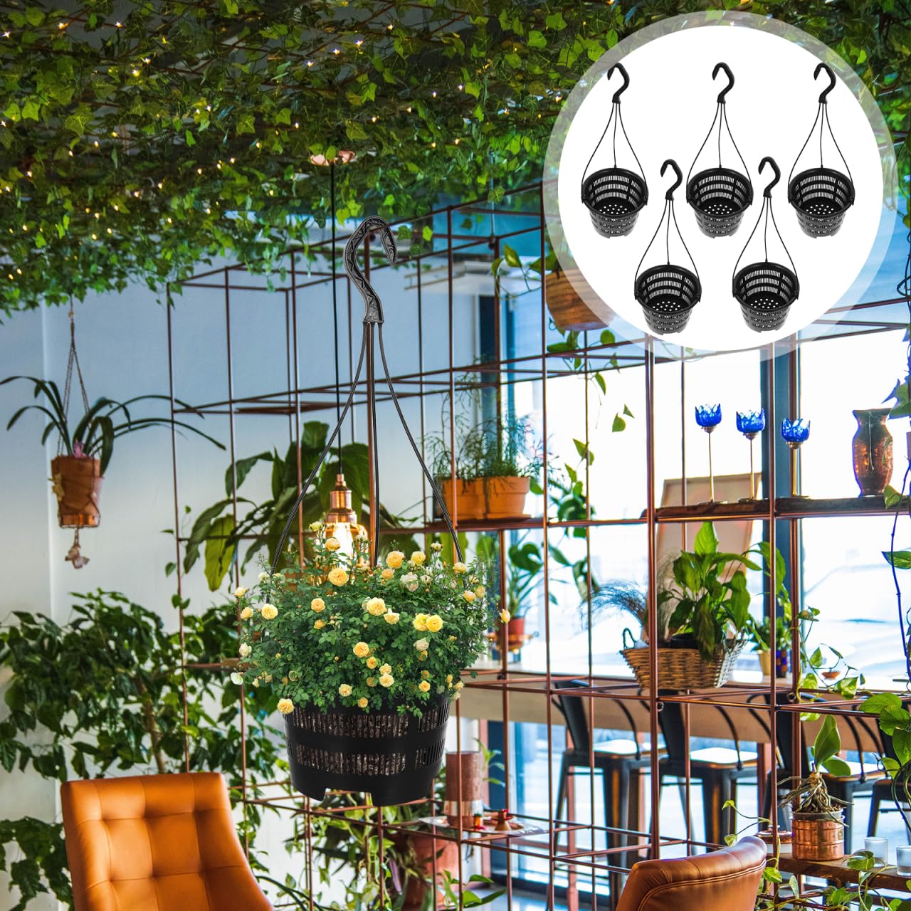 DOITOOL 5 Sets Hanging Flower Pots Plastic Planters with Hooks for Indoor Outdoor Balcony Garden Decor 6.29X6.29X17.71 Inch Black Hanging Planters for Orchid and Succulent Plants