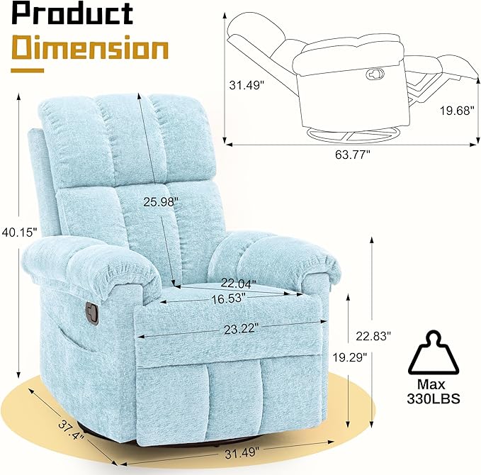 Korser Recliner Chair, Swivel Rocker Recliner Chair