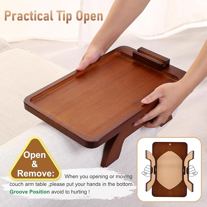 SINWANT Couch Arm Tray, Bamboo Couch Arm Table
