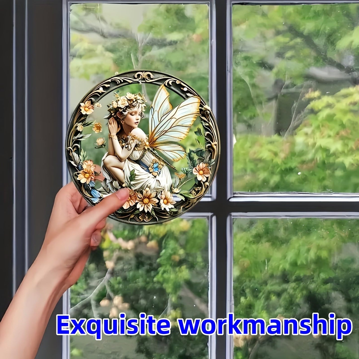 VTYFRY Flower Fairy Garden Decorations Angel Wing Christmas Halloween Deco Statue Art Elf Sculpture Hanging Craft for Outdoor Yard Courtyard Lawn Patio Window Acrylic Ornament Home Gift (A,L: 8*8 IN)