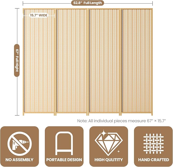 4 Panel Room Divider and Extra Wide Folding Privacy Screen, Bamboo Room Divider