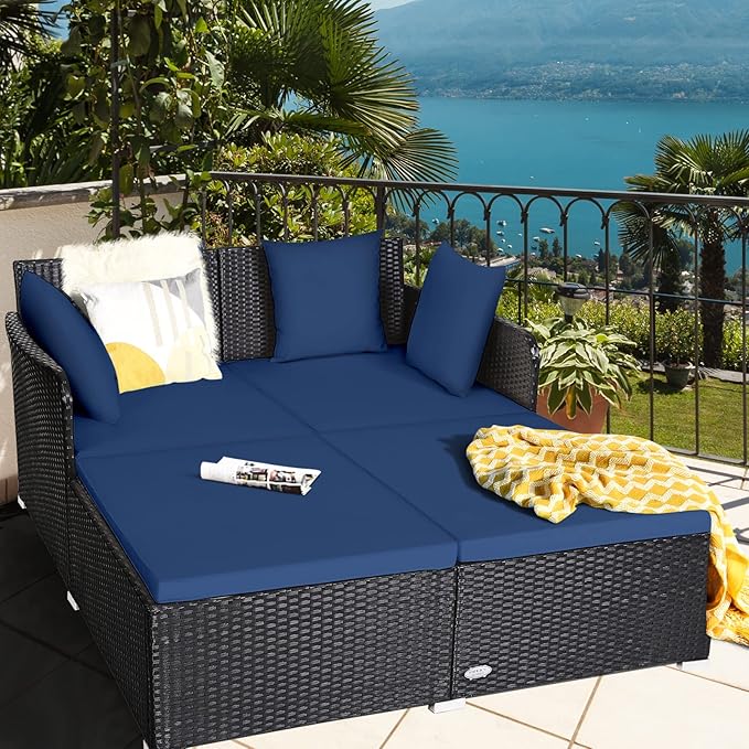 COSTWAY Outdoor Patio Rattan Daybed, Sponge Cushioned Loveseat Sofa