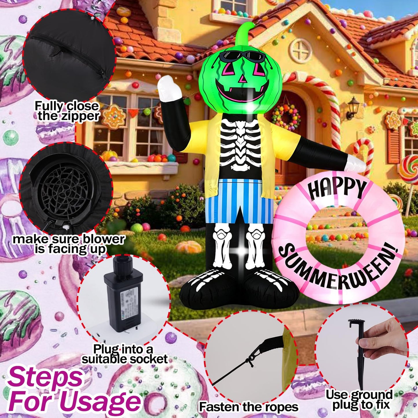HZGDEJTG 6FT White Ghost Zombie Holding Flower Wreath Outdoor Inflatable Decoration, with Built-in LED Light, Suitable for Halloween Parties, Indoor and Outdoor Lawns, and Party Venues.
