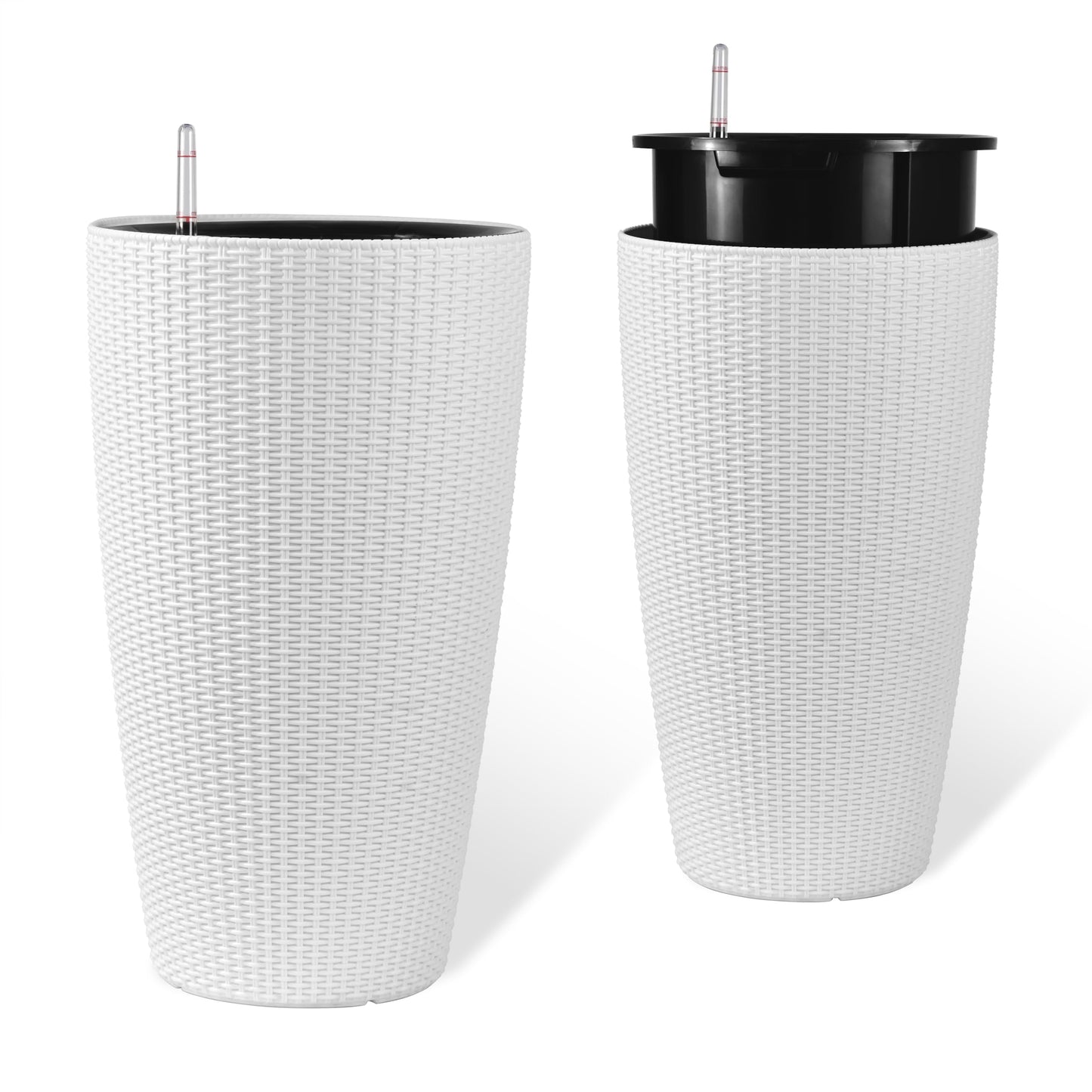 Vigo huseeo 22" Tall Planter Set of 2, Large Self Watering Pots for Indoor/Outdoor Plants with Drain Holes, Water Level Monitor, Inner Bucket for Front Porch Patio, White Rattan Conical