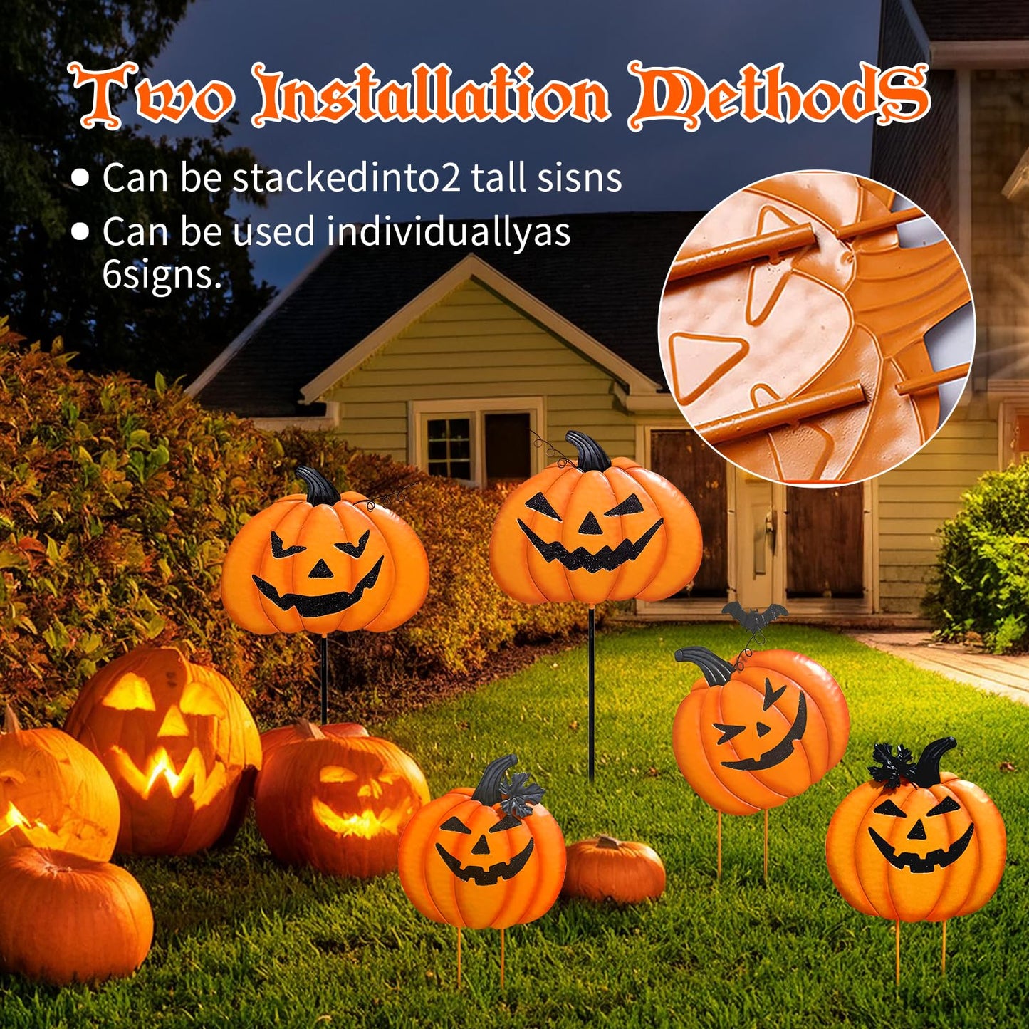 2 Pack Halloween/Thanksgiving Garden Stakes, Outdoor Party Décor Stacked Metal Pumpkins Jack-o-Lantern Lawn Decor, Yard Signs Stake Outdoor Decorative Pumpkin Home Lawn Pathway Driveway Decorations