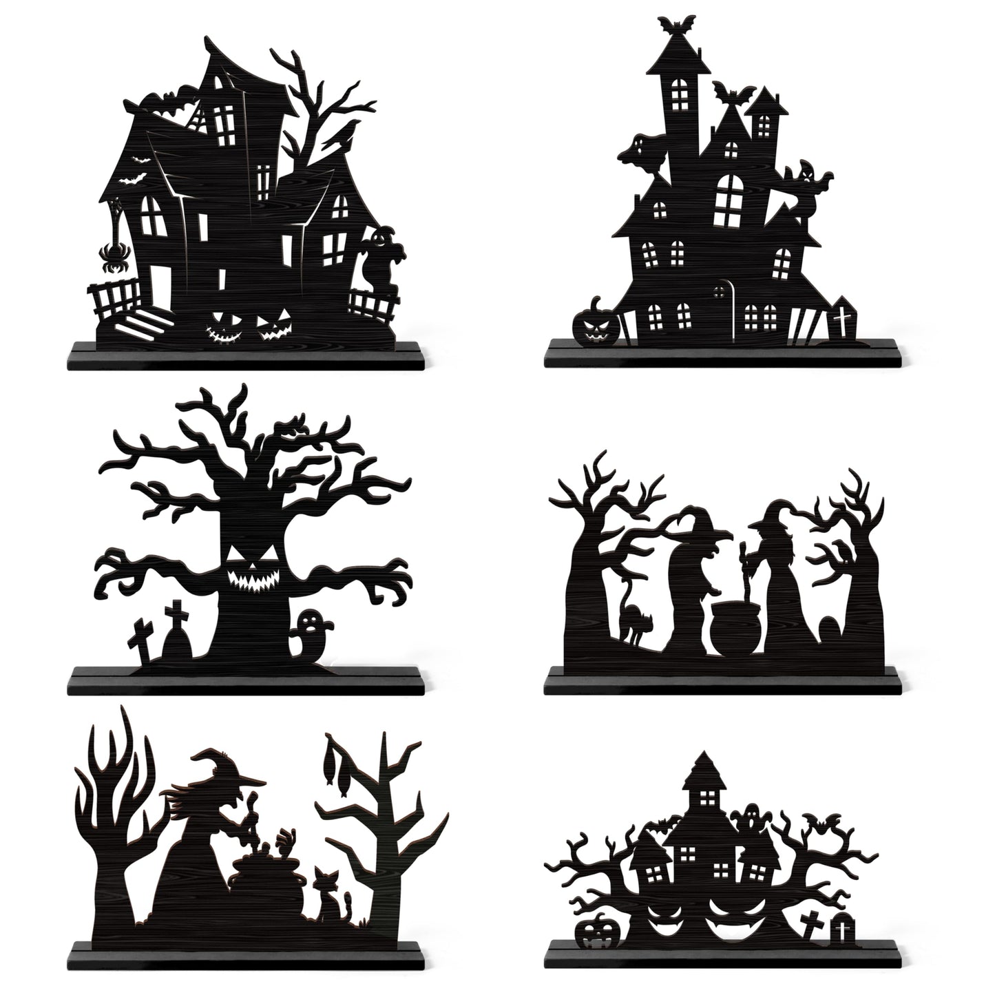 WATINC Halloween Wooden Centerpiece Decorations - Haunted House Witch Tree Silhouette Sketch Wood Tabletop Ornaments, Halloween Black Pumpkin Boo Desk Tiered Tray Decor for Home Kitchen Party