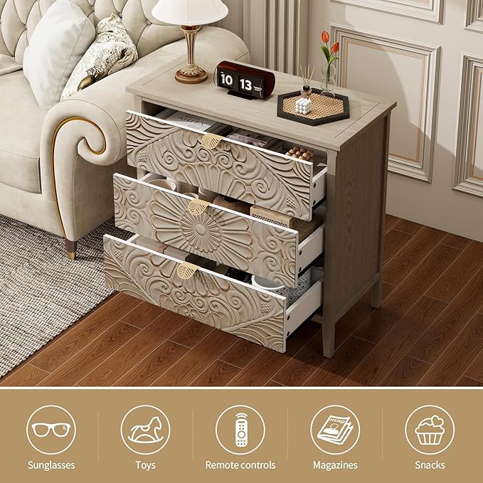31.5" Carved 3-Drawer Cabinet