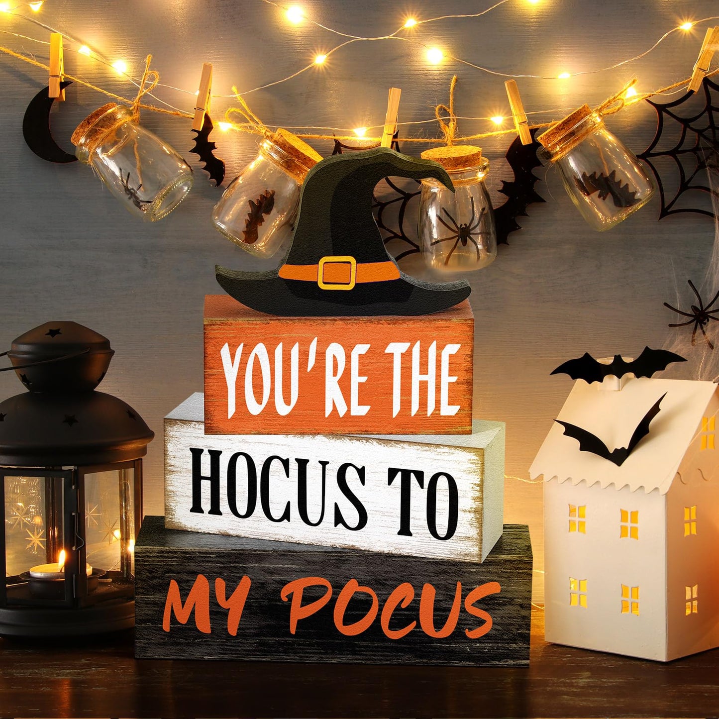 Yuntau 4 Pcs Halloween Hocus Pocus Table Decor Witch Hat Wooden Signs Distressed You're the Hocus to My Pocus Tabletop Centerpieces Witch Tiered Tray Decor Rustic Halloween Decorations for Home Desk