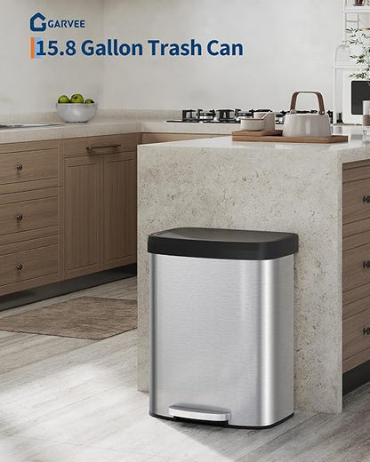 Garvee 16 gal / 60 L Stainless Steel Trash Can with Lid, Large Garbage Can for Kitchen, Rustproof Step-on Kitchen Metal Trash Bin with Liner Rim, Rear Handle, Soft Close Plastic Lid, Silver