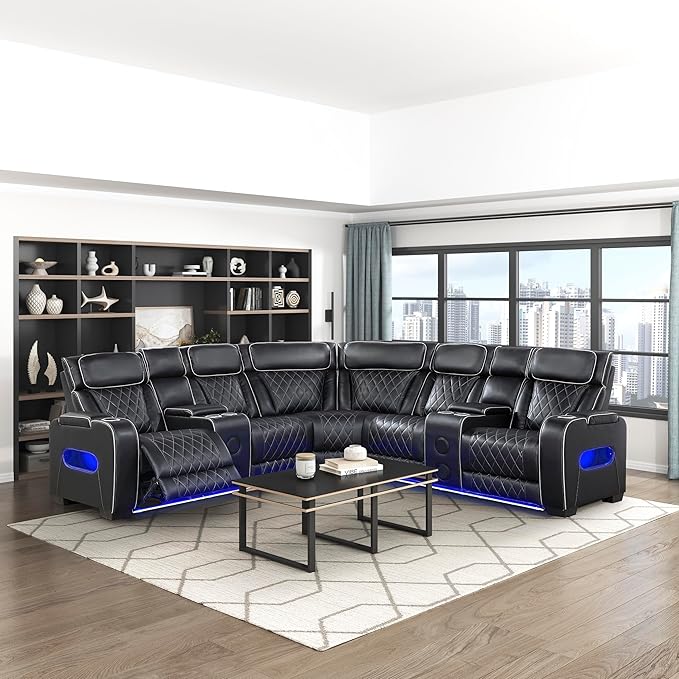 Lexicon 118" Power Reclining Sectional Sofa, Wall Hugger, 2 Recliner Seats