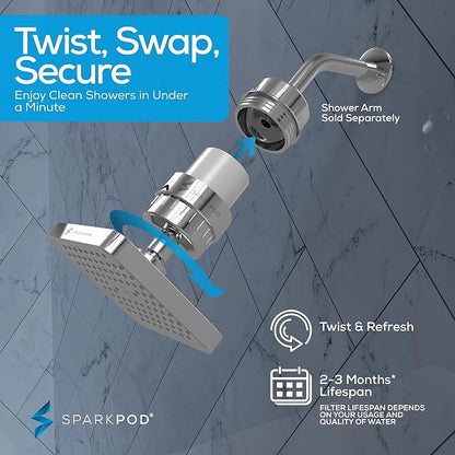 SparkPod 23-Stage Filtered Shower Head, 6" Square, Polished Chrome | Filtered Shower Head for Hard Water Filter, High Pressure, Reduces Chlorine, Heavy Metals, For Dry Skin & Hair