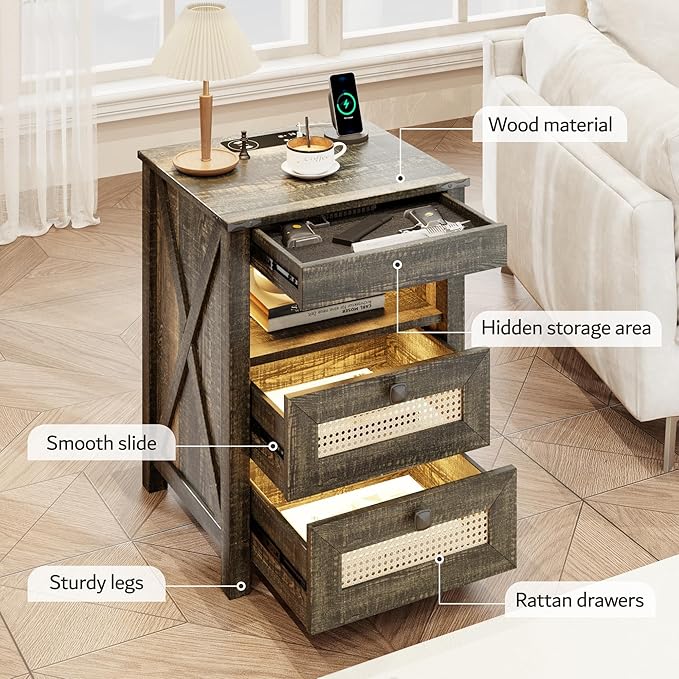 FREDEES Rustic Nightstand with Gun Drawer, End Table with Charging Station