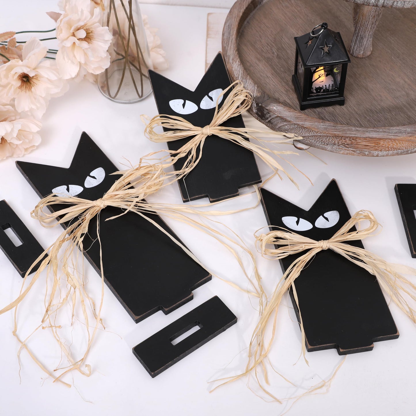Set of 3 Wooden Black Cats Table Decor – Rustic Halloween Decorations, Tiered Tray Accents, Farmhouse Spooky Black Cat Figurines in 3 Sizes