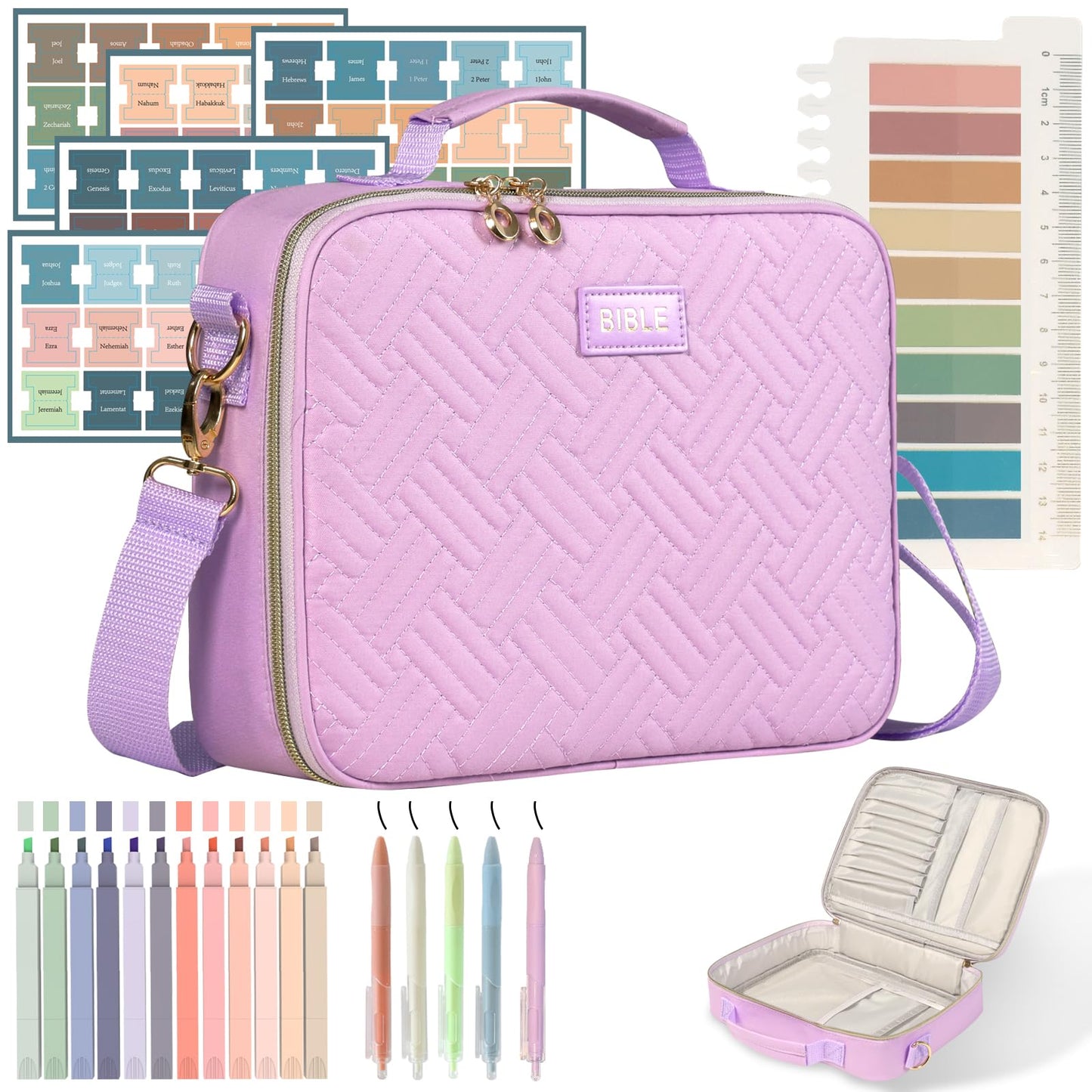 Bible Cover for Women Bible Case, Large Bible Bag, Bible Study Supplies Bible Journaling Kit Book Carrying Case with Bible Highlighters Tabs, Valentines Day Christian Gifts for Women(Purple)