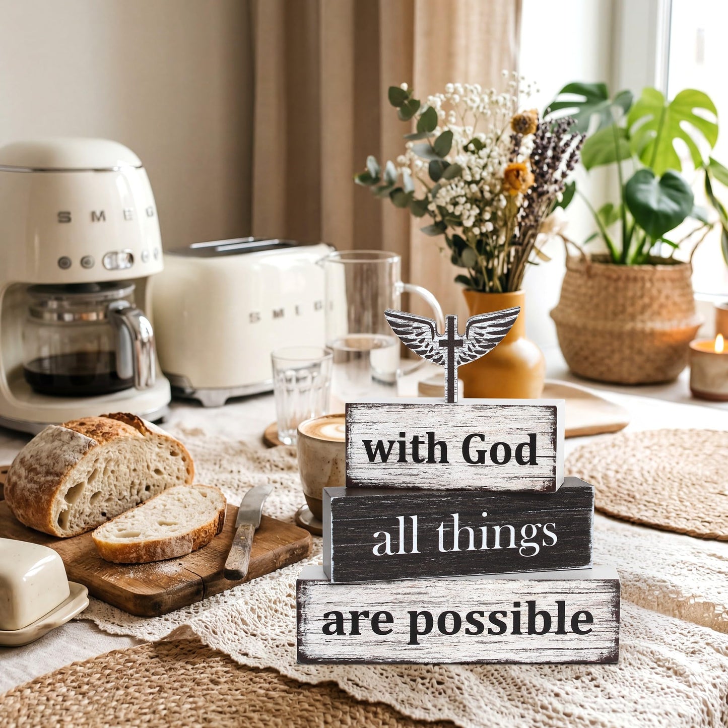 4 Pcs Farmhouse Wooden Tiered Tray Decor, Retro Rustic Bible Christian Table Centerpiece Decorations Gifts for Home Kitchen Mantel Shelf Office