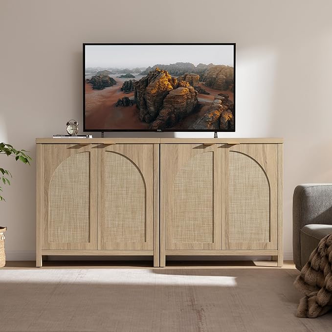 SICOTAS 102"W Rattan Sideboard Buffet Cabinet Set of 3, Mid Century Modern