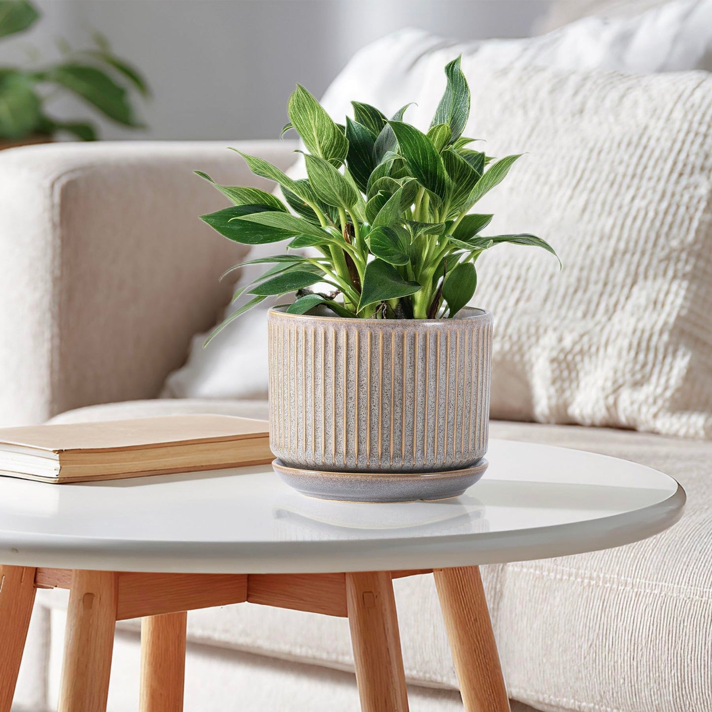 SURE YUESI Speckle Gray Ceramic Plant Pots Set of 3 (4.3”+5.5”+6.7”) Indoor Striped Planters with Drainage Hole, Saucer Pad, Decorative Pots for Plants & Gardening