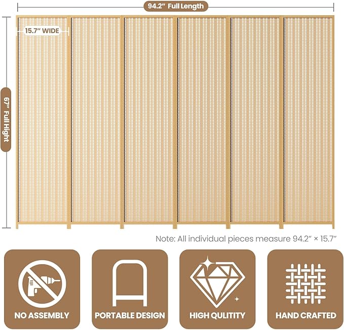 6 Panel Room Divider and Extra Wide Folding Privacy Screen, 94.5" W x 67" H