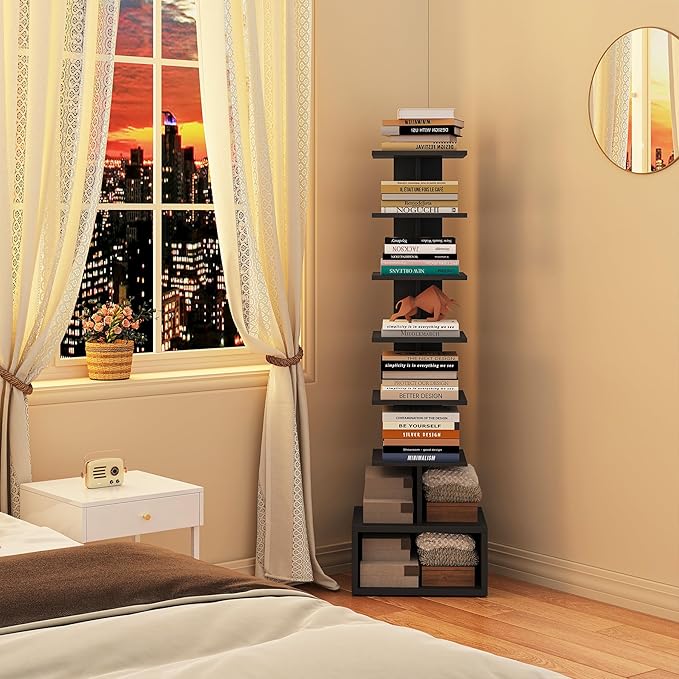 TUTOTAK Narrow Bookshelf, Vertical 8-Tier Bookcase, Spine Book Shelf