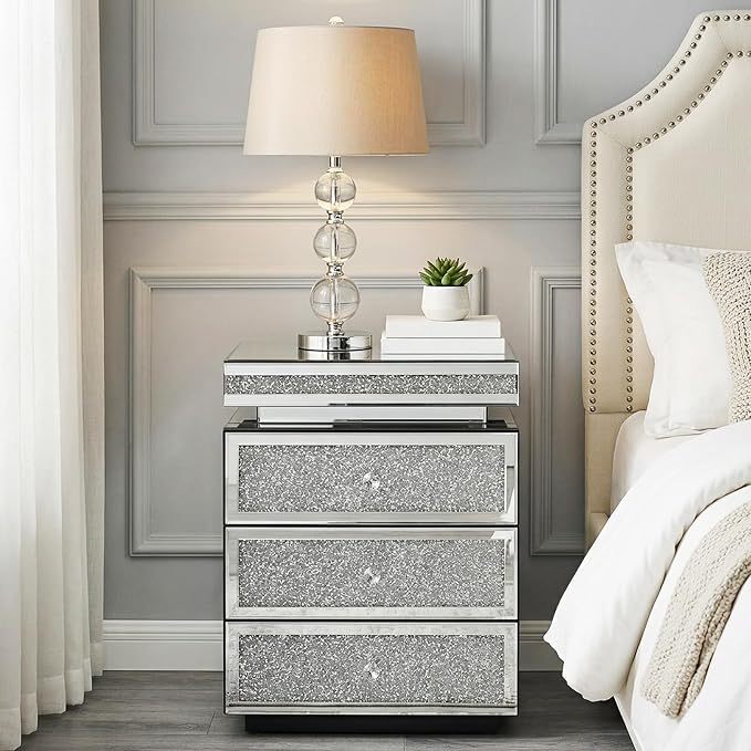 Modern Glam Glass Mirror Nightstand, 3-Drawer Luxury Mirrored Accent Table