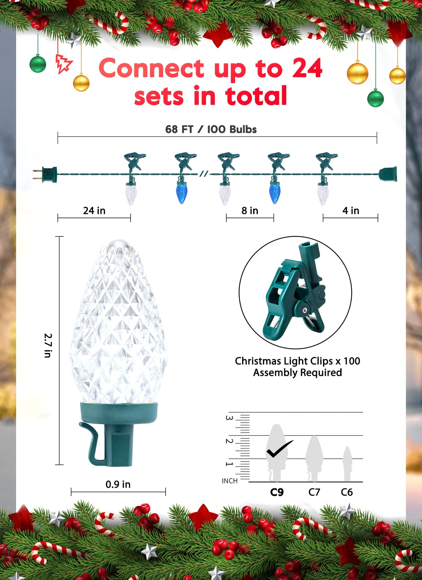 C9 LED Christmas Lights Outdoor, 68 Feet 100 LED C9 String Light with 100 Spring Clips, Waterproof Connectable Christmas Tree Lights for Outside Roofline Patio Home Xmas Decor, Blue & Pure White