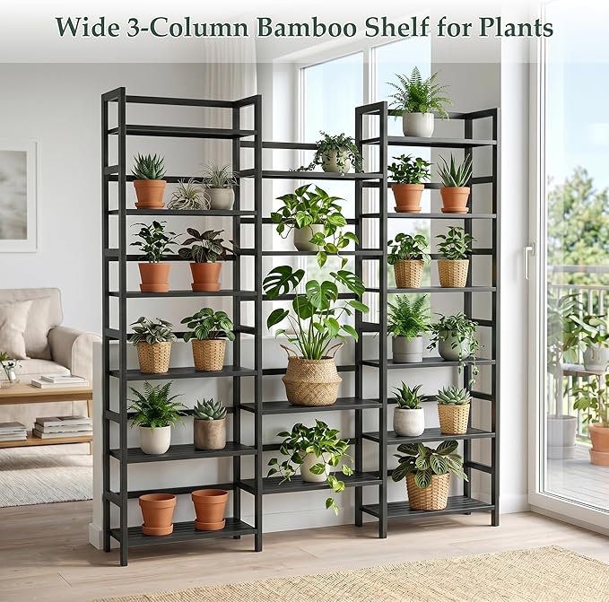 Homykic Bamboo Bookshelf, 71” Tall Triple Wide Bookcase