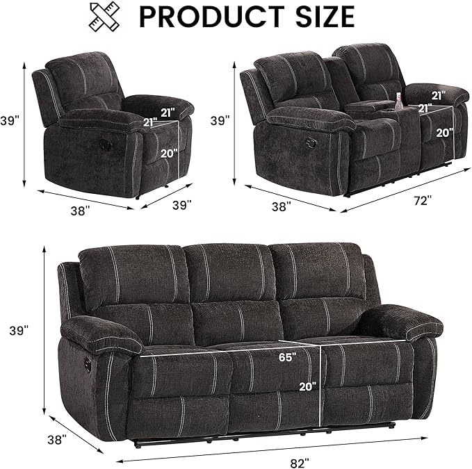 Betsy Furniture Modern Fabric Recliner Sofa Set, Loveseat w/Console, Recliner