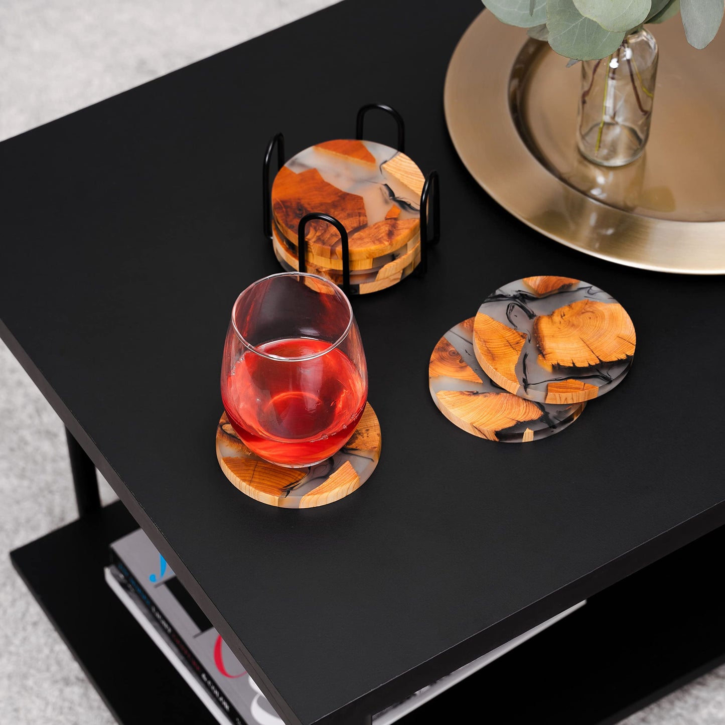 Avocrafts Drink Coaster Set, Wooden Absorbent Coasters, Epoxy Resin Coaster for Coffee Table, Tabletop Protection Decor, Set of 6 with Holder