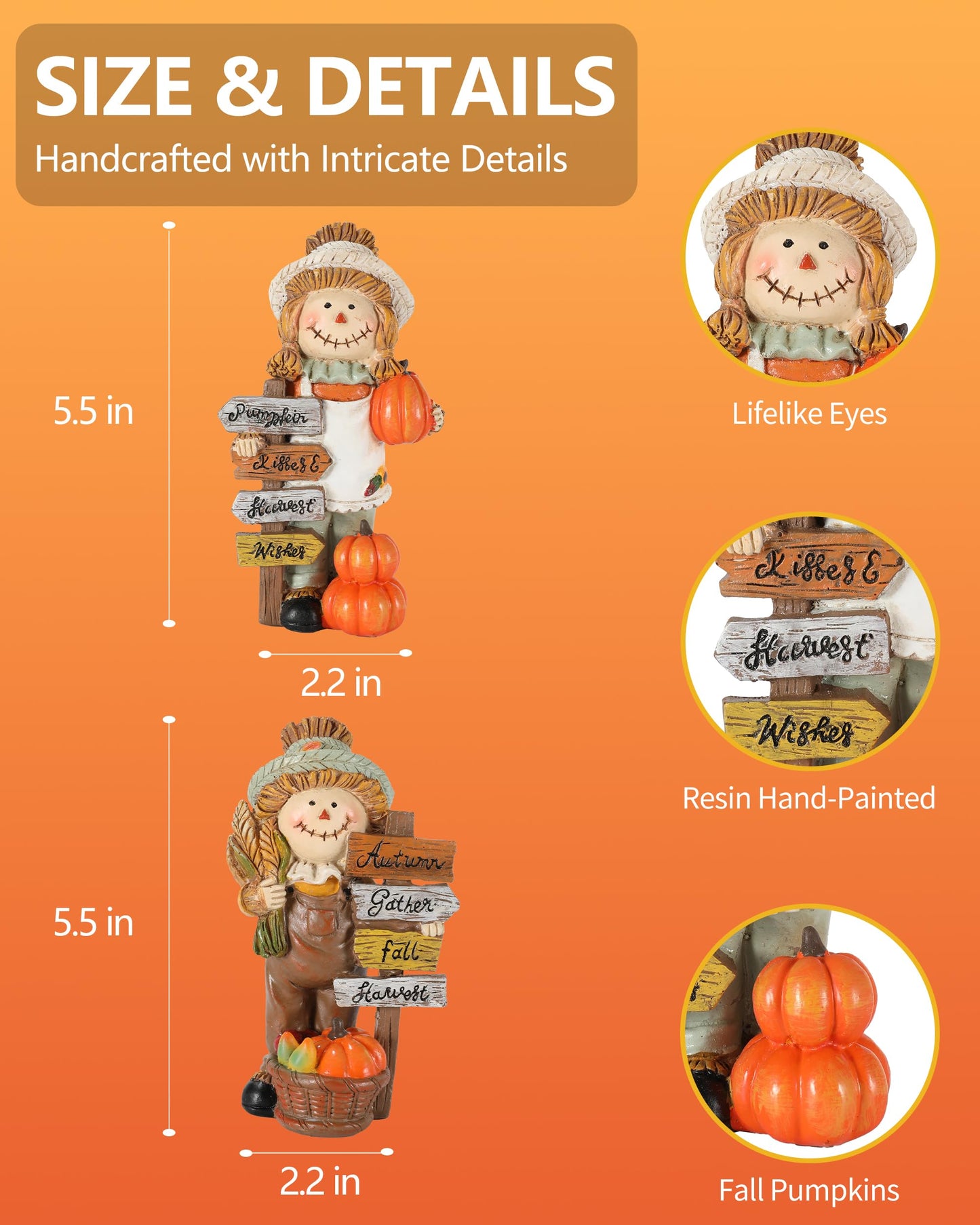 GoGnome 2-Pack Thanksgiving Scarecrow Figurines with Inspirational Autumn Plaques - Durable Resin 5.5'' Thanksgiving Table Decor - Fall Decorations Indoor Outdoor Harvest Gifts (Scarecrows)