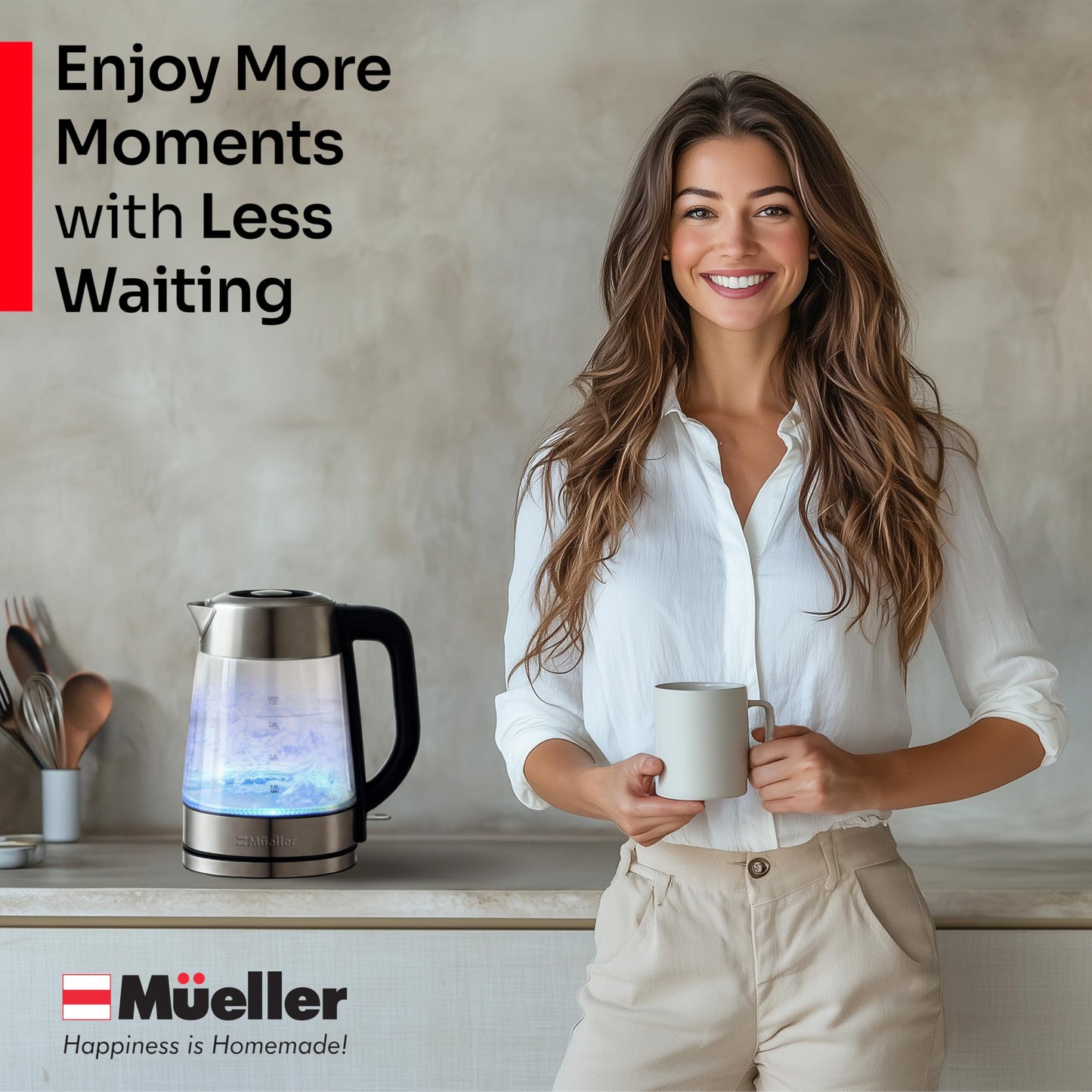 Mueller RapidBoil Electric Kettle 1.8L – Borosilicate Glass & Stainless Steel – BPA-Free Tea Kettle, LED Light, Auto Shut-Off, Boil Dry Protection Water Heater – Fast Heating, Kitchen Appliances