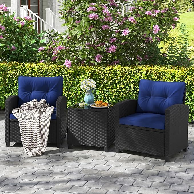 HAPPYGRILL 3 Pieces Wicker Patio Conversation Set, PE Rattan Bistro Sofa Set