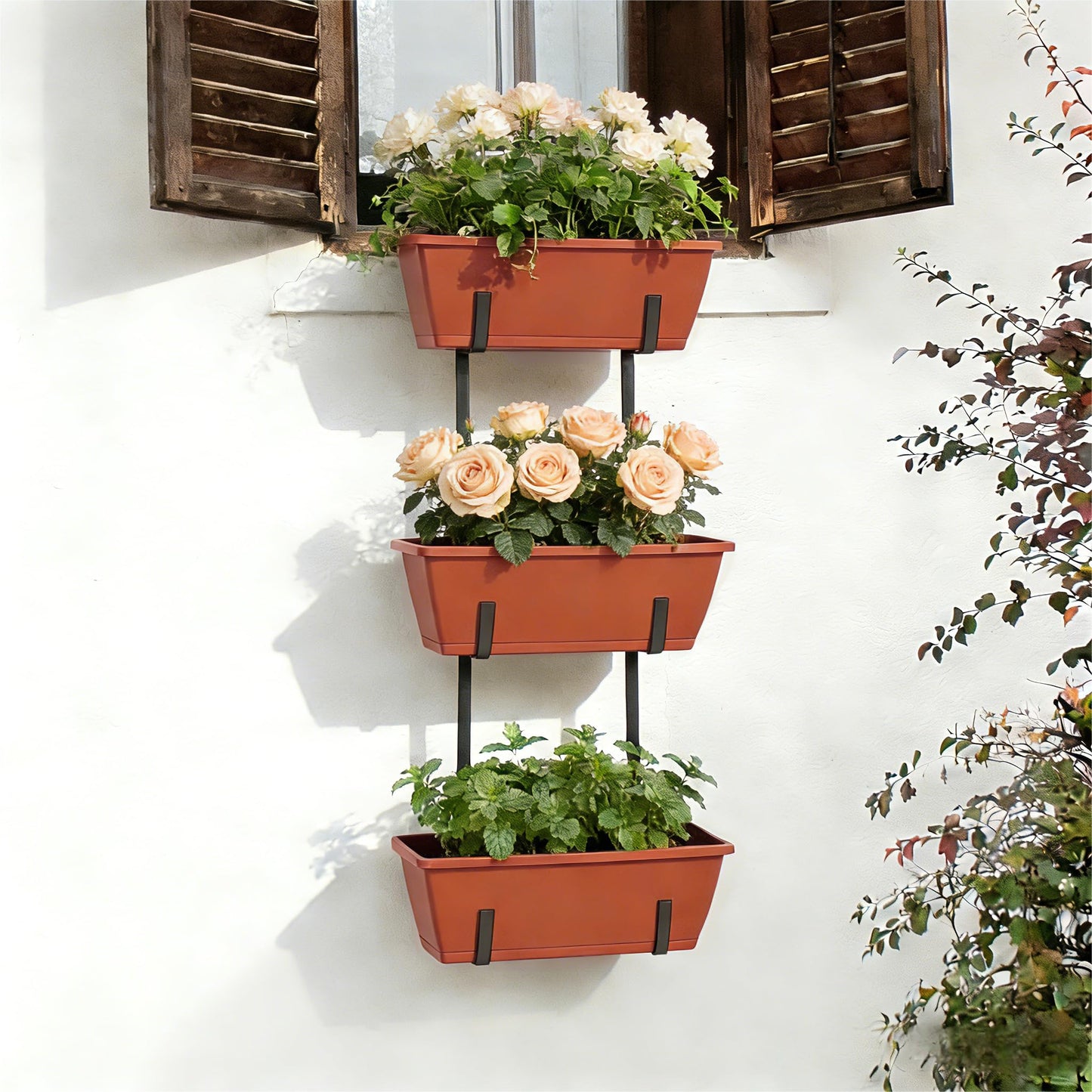 OYEAL Railing Planter Box Window Boxes Planters with Adjustable Brackets Balcony Fence Hanging Flower Planters for Patio, Deck, Porch Railing, Brick Red