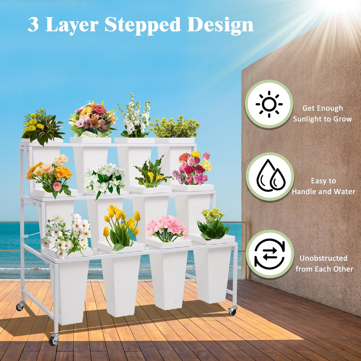 Flower Display Stands with Buckets, 3-Tier Rolling Plant Stand with Locking Wheels - Heavy Duty Metal Flower Cart for Indoor/Outdoor Use, Wedding Decor & Florist Displays (Holds 12 Pots) (Black)
