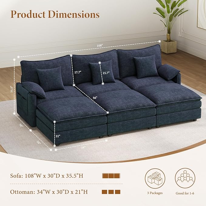 Vesgantti 108" Sectional Sleeper Sofa, 6-Seater Oversized Modular Cloud Couch