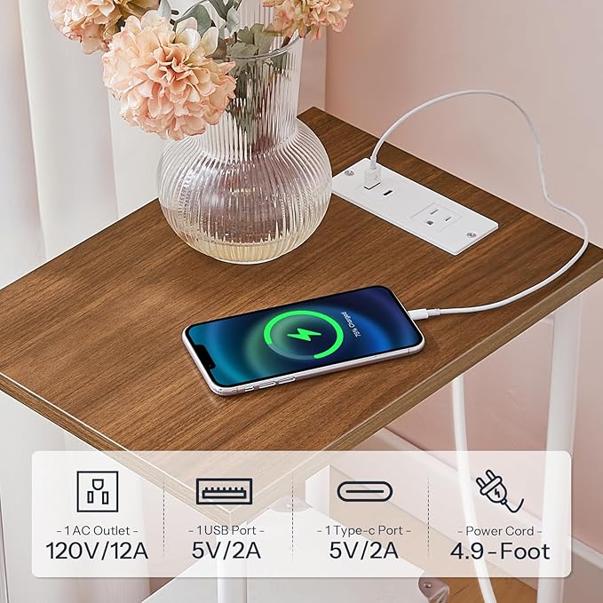 HOOBRO Side Table with Charging Station, Nightstand with 2-Layer Storage Shelves