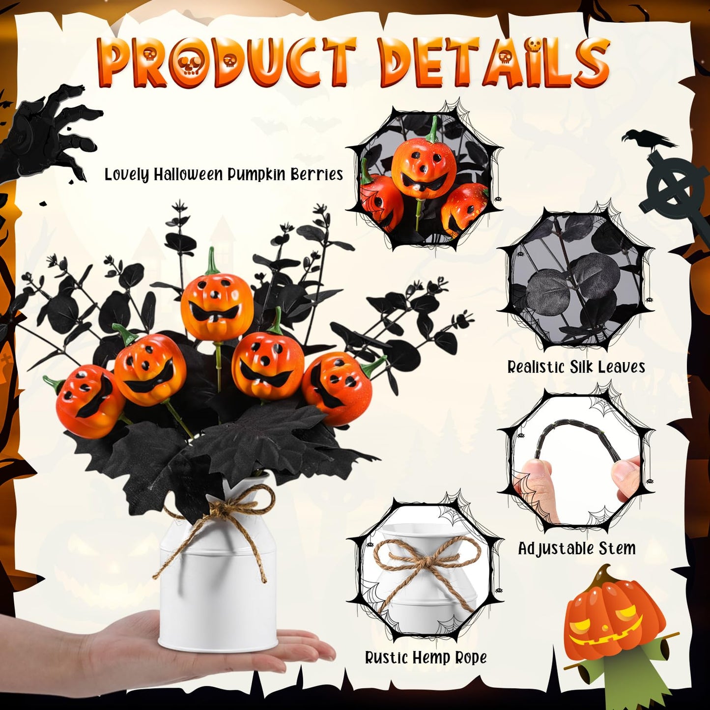 Thiccywoov 4 Sets Halloween Table Centerpiece Decorations Artificial Black Pumpkins Eucalyptus with Metal Vase Faux Pumpkins Plants in Pots for Halloween Trick or Treat Party Home Dining Table Decor