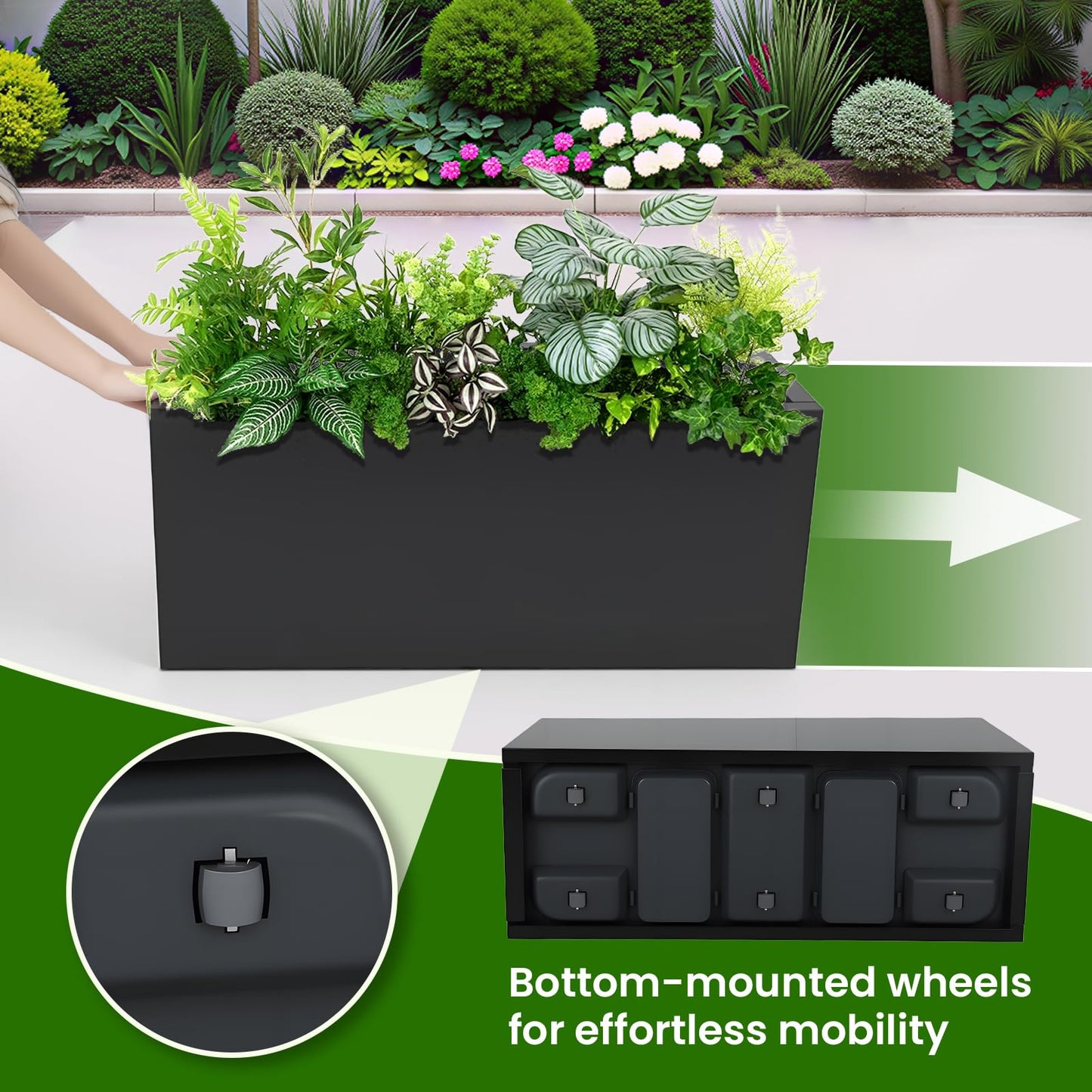 XHIKOWAT Large Rectangular Metal Planter Boxes with Plastic Inner Pot & Wheels - 33" Lx12 Wx14 H Balcony Flower Bed with Drainage Holes & Drip Tray for Outdoor Indoor Garden Patio Porch Lawn, Black