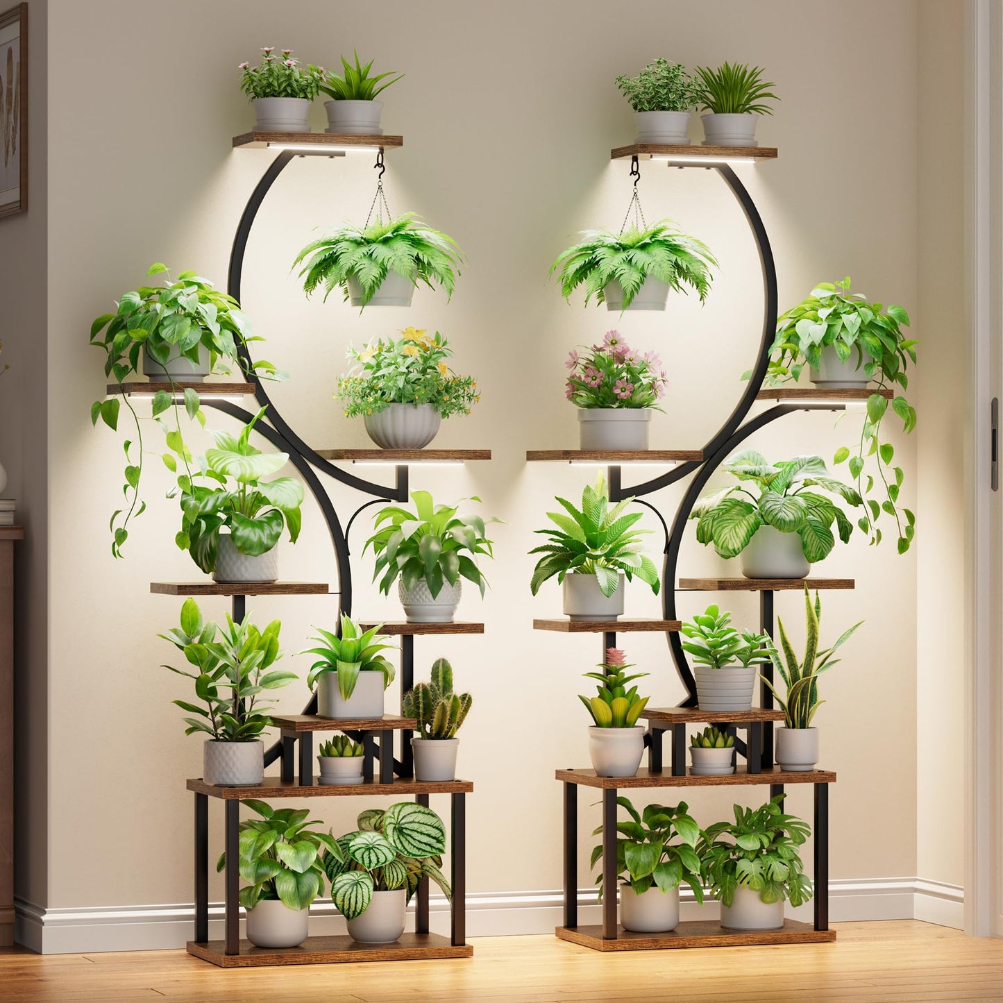 BACEKOLL Plant Stand Indoor with Grow Light - 2 Pack Tall Indoor Plant Shelf, 62" Corner Plant Holder, 8 Tiered Large S-Shape Flower Multiple Display Shelf for Home, Office