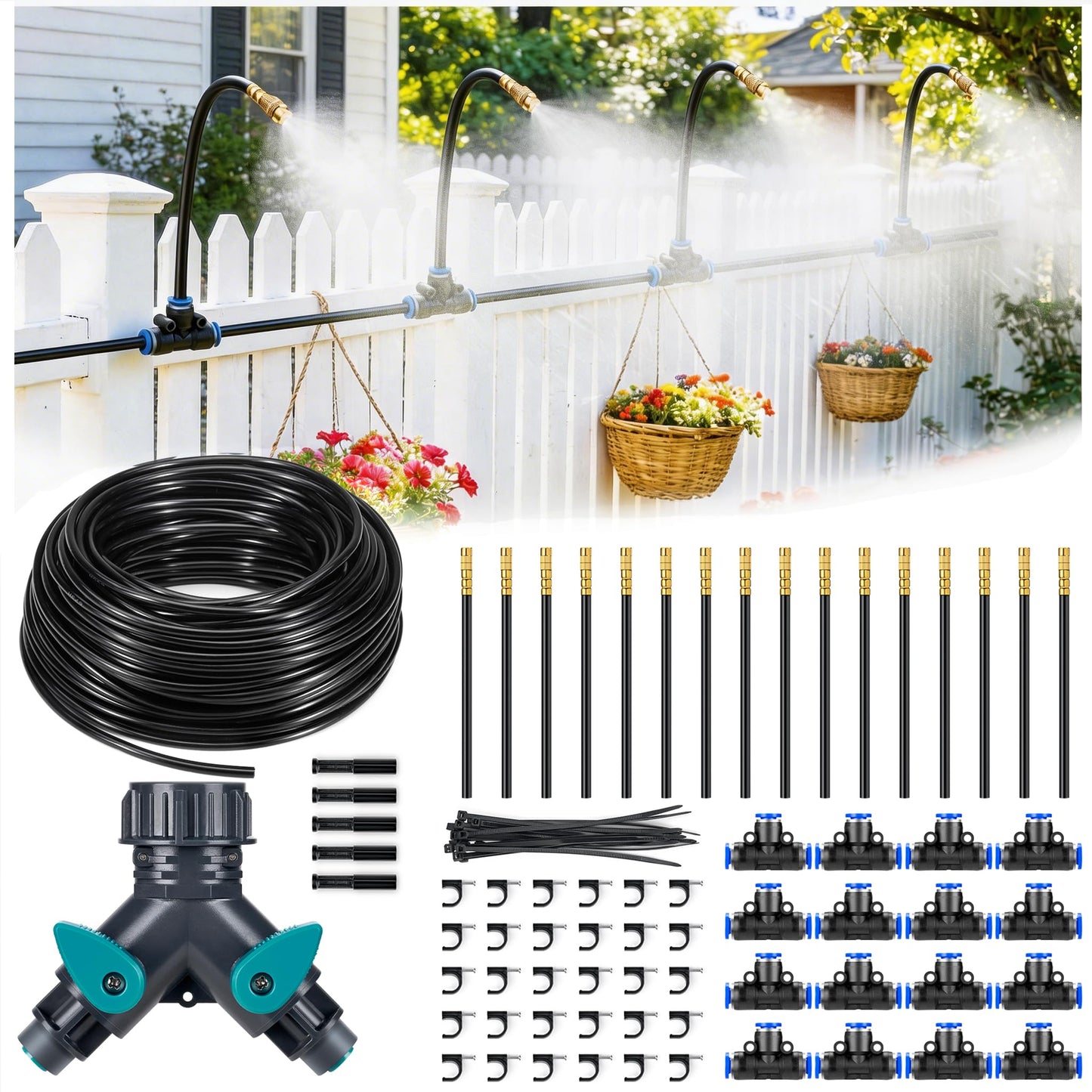 HIRALIY 360° Adjustable Drip Irrigation System 100FT, 1/4" Tubing with Adjustable Copper Nozzles, Automatic Atomizing Watering Kit for Garden, Yard, Lawn, Greenhouse & Potted Plants