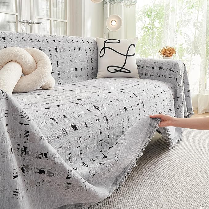 DREAMINGO Abstract Chenille Couch Cover Blanket Grey Black Boho Sofa Cover