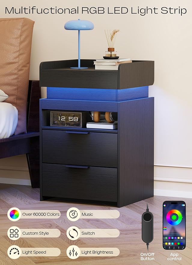 Turosur LED Night Stand with Gun Drawer, Smart Nightstand with Hidden Charging