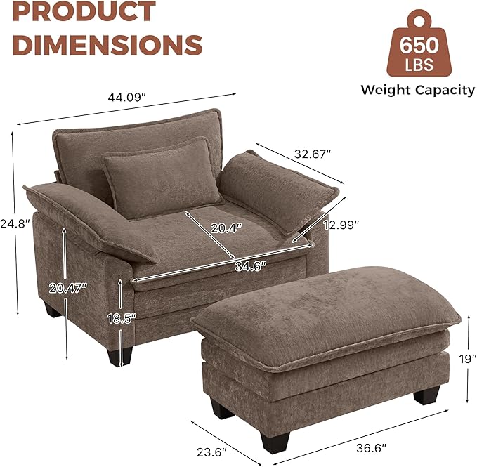 Oversized Accent Chair with Ottoman Set of 2, Upholstered Armchair with Extra