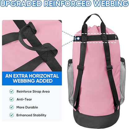 BALEINE 120L Laundry Bag Backpack, 900D Oxford Fabric Large Travel Laundry Bags with Shoulder Straps and 2 Mesh Pockets for College Dorm, Apartment, Laundromat (Pink, 120L)