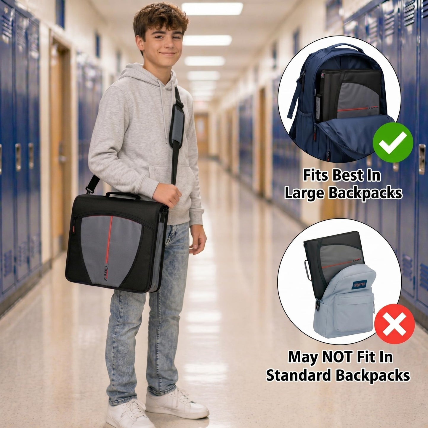 Case-it Mighty Zip Tab School Zipper Binder | 3-Inch O-Rings, 600-Sheet Capacity, 5-Subject Expanding File Folder, Multiple Pockets & Storage Organizer, Shoulder Strap | D-146 Jet Black