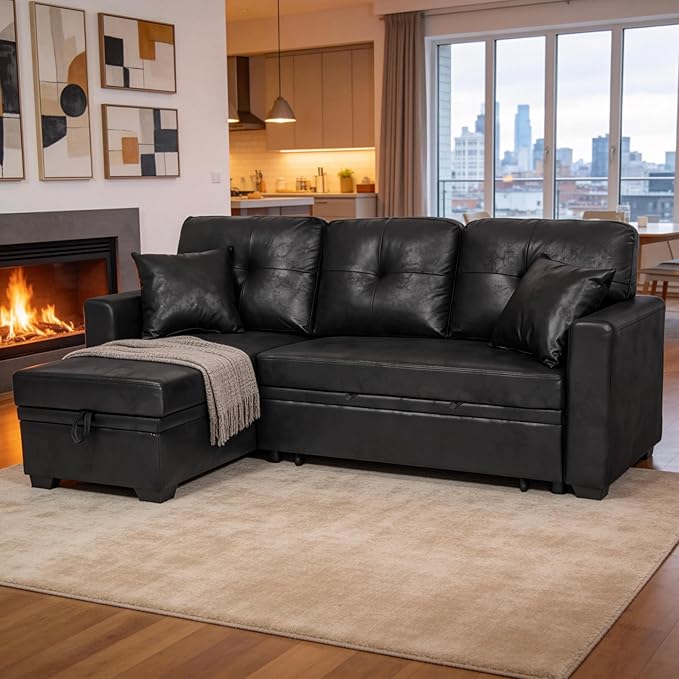 Eafurn Faux Leather Tufted Convertible Sleeper Sectional Sofa Bed, 3 Seater L