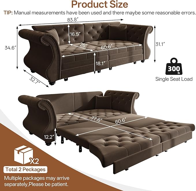 83.8" Oversized Pull Out Sofa Bed, Chesterfield Velvet Sleeper Sofa Couch