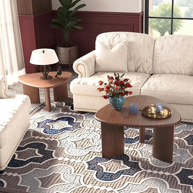 Honyee Nesting Coffee Table Set of 2, Modern Walnut Wood Veneer Coffee Table