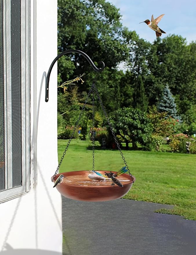 Hanging Birdbath Bird Feeder for Outdoor 11” Antique Copper Cute Small Metal Bird Bath Bowl with Detachable Black Chain Metal Dragonfly for Garden Backyard Decor