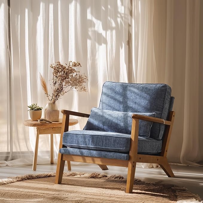 VINGLI Solid Wood Wide Armrests Accent Chair, Upholstered Mid Century Modern