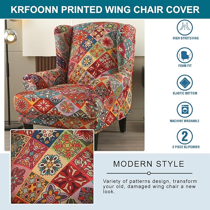 KRFOONN Stretch Wing Chair Slipcovers Printed 2 Piece Wingback Chair Covers